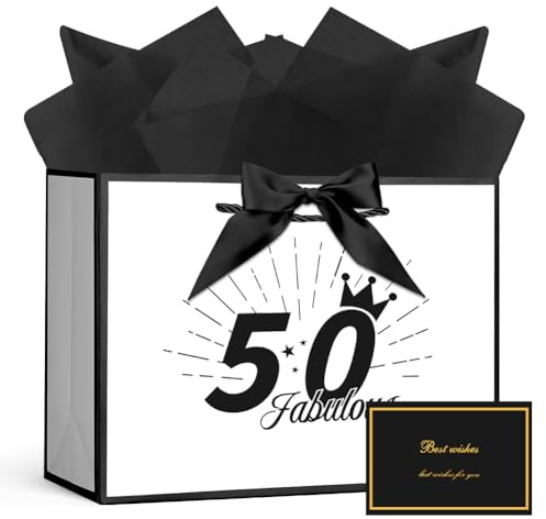 AOOSU Geschenktüte 50 Geburtstag, Papier Geschenktüten mit Schleife + 1 Grußkarten +3 Seidenpapier, Weiß Geschenktaschen Frauen Männer 50th Birthday Gift Bag, Geschenkverpackung für Geschenk Jahrestag