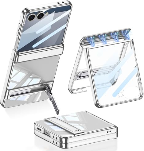 Funda Transparente para Samsung Galaxy Z Flip 7 con Soporte & Bisagra Magnética y Protector de Pantalla, Carcasa Delgada de PC Rígido Claro Enchapado Resistente a Golpes para Galaxy Z Flip 7 (Plata)