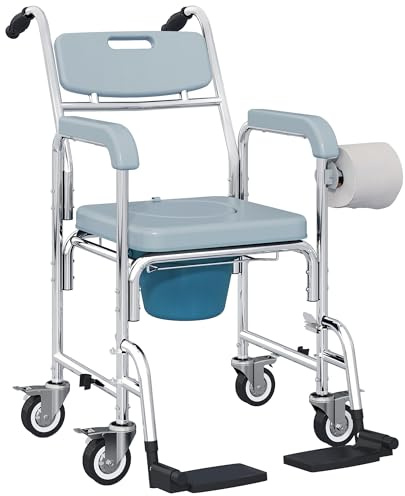 HOMCOM Chaise Percée Adulte à Roulettes 4 en 1, Chaise Percée Toilette de Douche, Repose-Pieds, Accoudoirs, Pot Amovible, pour Personnes Âgées, Handicapés et Patients, Imperméable, Aluminium, Gris