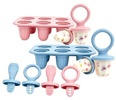YOUZMY 2 moldes de silicona para helados para bebés y niños, con 12 mini moldes de hielo (17 ml), sin bisfenol A, con tallos de mordedor, moldes para puré de frutas y leche materna