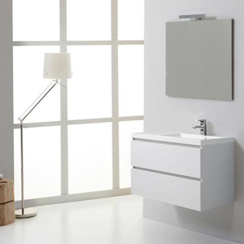 Kiamami Valentina Mobile Bagno 90 Cm Sospeso Con Cassetti Destri Bianco | Composizione Manhattan con lavabo in marmo ricomposto, specchio 90x70 cm, lampada LED, profondità 39 cm