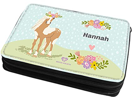 wolga-kreativ Federmäppchen gefüllte Federtasche Mäppchen Federmappe Pferd Wiese Mäppchen Stiftemäppchen für Mädchen mit Namen personalisiert Bedruckt Schlampermäppchen