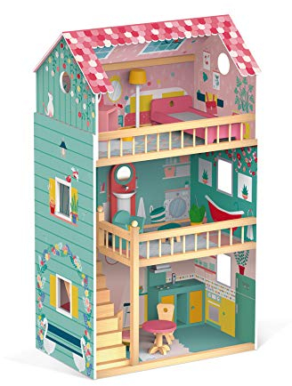 Janod - Happy Day - Casa de Muñecas en Madera, 3 Plantas y 12 Accesorios Incluidos, Juego de Imitación, Desarrollo de La Imaginación - Desde Los 3 Años, J06580