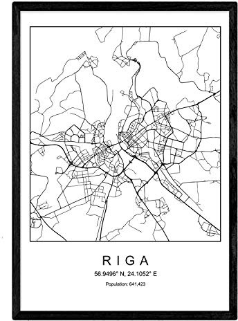 Nacnic Foglio di mappa della città stile scandinavo Riga in bianco e nero. A3 formato della carta stampata No 250 gr. Dipinti, stampe e manifesti per soggiorno e camera da letto