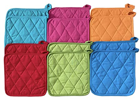 Classic Home 12 Pack (Dozen) Pot Holders, Cotton, Heat Resistant, Kitchen Essential, Potholder Set, Trivet for Cooking and Baking with Hanging Loops
