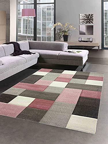 CARPETIA Designer Teppich Wohnzimmer mit Karo Muster in Creme Pink Grau Größe 140x200 cm