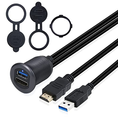 Kework USB 3.0 & HDMI Mount with Light, 3.3ft USB 3.0 Male to Female & HDMI 4K Male to Female Flush Panel Dashboard Mount Extension Cable for Car Truck Boat Motorcycle, Metal Shell, Gray