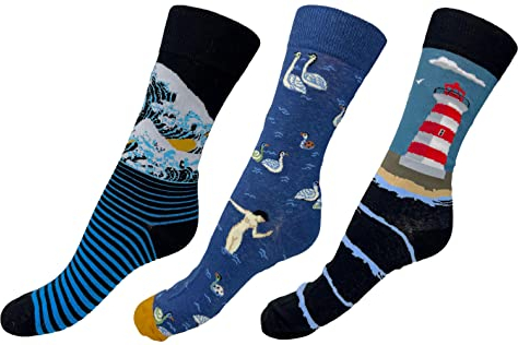 MIJOMA 3 Paar Crazy Socks Verrückte Socken bunte Motiv Maritim No 3, Witzige Strümpfe für Individualisten, Unisex, 42-47