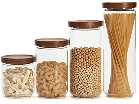 XXZY Müslispender Kanister-Set-Glasbehälter, 4 Packungen Glas-Speichercontainer Glas-Siegel-Holzdeckel, stapelbarer Speicherglaskanister Geeignet für Müsli, Snacks und Zucker
