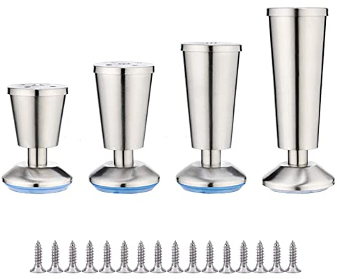 4pcs Piedini per mobili Metallo Argento, Piedini Design acciaio inox, 12 cm, Gambe per armadi, tavolino da caffè, mobile TV, cassettiera con viti + base muto antiscivolo