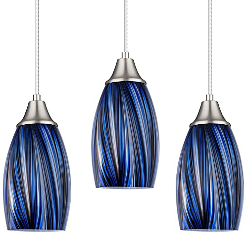 karyfine Dark Blue Glass Mini Pendant Lights for Kitchen Island 3Pack Blown Art Glass Pendant Lighting Shade Hanging Pendant Lights with Brushed Nickel Finish for Kitchen Over Sink,Dining Room