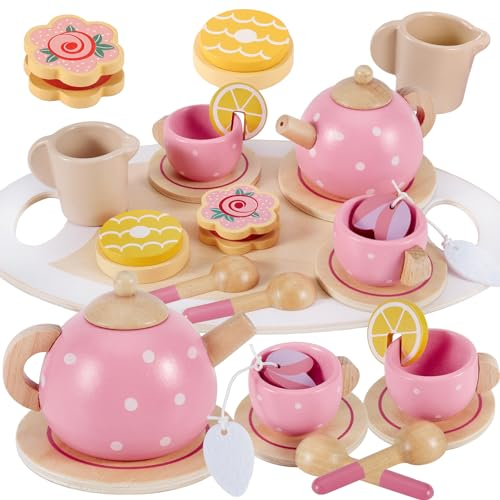 AOLEVA Teeservice Kinder Holz Spielküche Zubehör, Tee Set Teeparty Kinderküche Holzspielzeug Kindergeschirr Rollenspiele Geschenk für Kinder Mädchen Jungen, Rosa