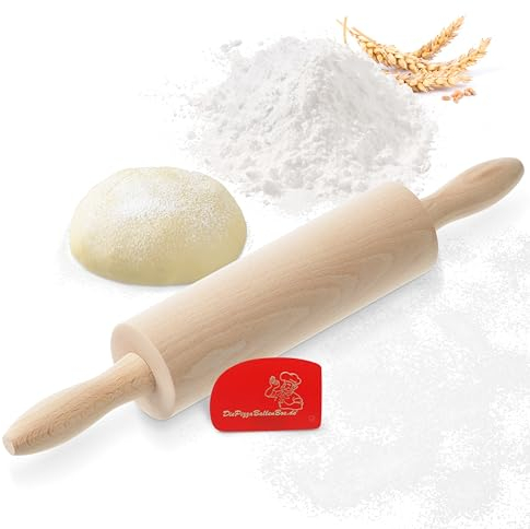 RoyalFay® Nudelholz aus Buchenholz mit Metallachse – Teigroller mit ergonomischen Griffen & Teigschaber – nachhaltig, lebensmittelecht & vielseitig für Pizza, Fondant und Plätzchen