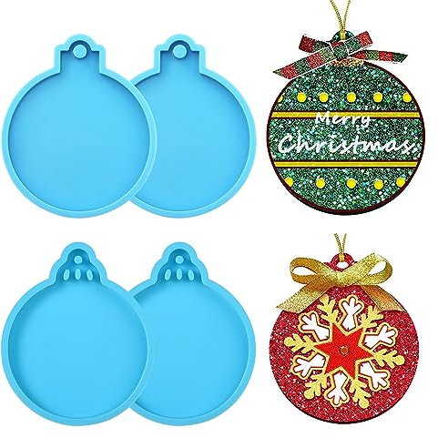 4pcs Silicone Christmas Resin Molds, 2 Styles Christmas Pendant Mold with Hanging Hole Round Christmas Ornament Molds for DIY Craft Home Decoration Jewelry Making