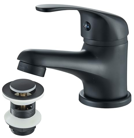 TVTIUO Basin Taps，Bathroom Sink Taps with Pop up Waste，Washroom Single Lever Brass Mixer Tap，Black Bathroom Sink Taps