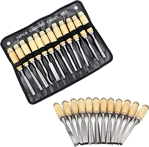 Juego de cinceles profesionales para tallar madera, 12 piezas de cinceles resistentes, cuchillas de acero al cromo vanadio y mango antideslizante que absorbe los golpes, con bolsas de almace