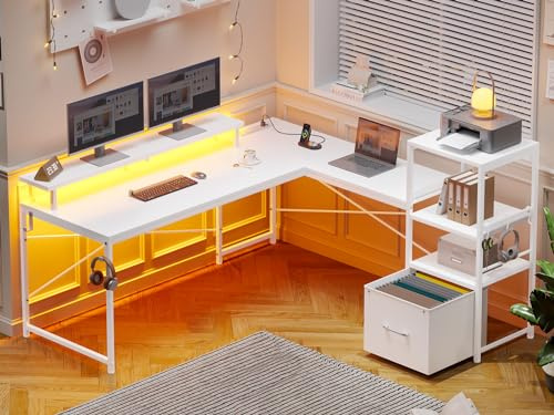SEDETA White L Shaped Desk with Fabric Drawer, Reversible 51” Corner Desk with Storage Shelves, L Shaped Gaming Table with LED Strip, Power Outlet and Monitor Shelf for Home Office
