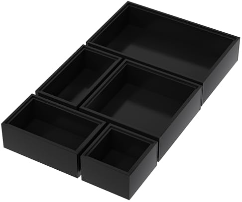 Exabang 5-teiliges Schubladen Organizer, Bambus Box Stapelbar (Schwarz) | Badezimmer Küchen Organizer Box, Größen für Make up, Küche, Bad & Büro