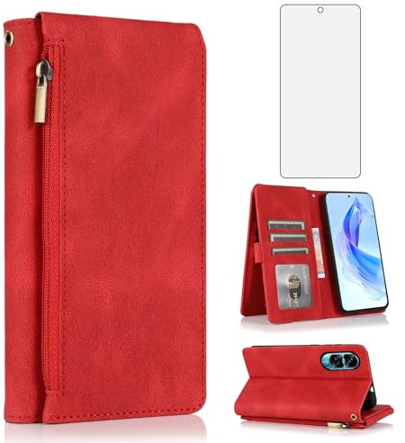 Asuwish Compatible with Honor 90 Lite 5G Wallet Case Tempered Glass Screen Protector and Zipper Retro Leather Flip Cover Card Holder Stand Cell Accessories for Honor90 90Lite CRT-NX1 Women Men Red