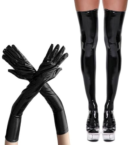 EUPSIIU 2 Stück Damen Tanz Verkleidung, Damen Handschuhe Lang Hohe Strümpfe, Elastische Spandex Glänzend Nass Lange Handschuhe und Oberschenkel Hohe Strümpfe, Halloween Faschingskostüme (Schwarz)