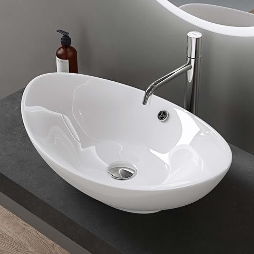 doporro Lavabo à Poser Blanc Vasque en Céramique Lave Mains Ovale de Qualité pour Salle de Bain 59x38,3x19,2cm Bruxelles818