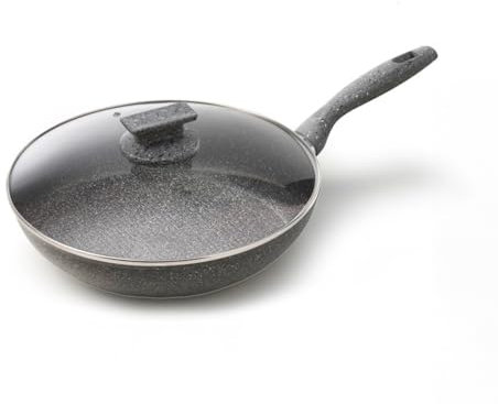 Avilia Padella ad Induzione Antiaderente con Coperchio - Effetto Pietra, Cottura Senza Olio, Manico Ergonomico Soft-Touch, Ottima per Carne, Pesce e Verdure, 20cm, Made in Italy