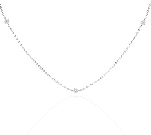 Ethos Jewelry 585 Echtgold Weißgold-Diamantkette – Handgefertigte 14k Solitärkette mit 3 Diamanten, zarte Damenkette in verschiedenen Längen