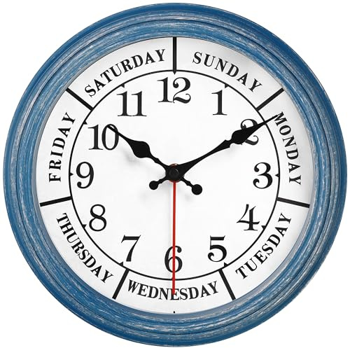 JENLYSTIME 12 Inch Retro Wall Clock,Classic Day of The Week Wall Clock,Silent Non Ticking Battery Operated Movement(Blue)
