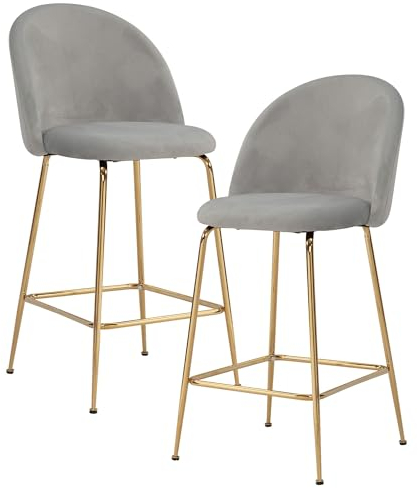FineBuy 2er Set Barhocker Samt Hocker mit Lehne & goldenen Beinen, Küchenhocker Skandinavisch Stoff/Metall 110 kg, Design Barstuhl Tresenhocker, Bistrohocker Gepolstert Grau