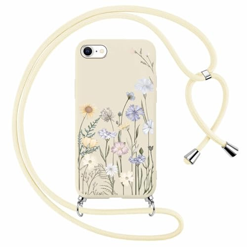 Yoedge Handykette Handyhülle für iPhone 8/7/SE 2020/SE 2022 4,7 Hülle mit Band, Aesthetic Blumen Muster Case mit zum Umhängen Kordel, Weich TPU Silikon Stoßfest Schutzhülle Cover für iPhone 7, Beige1