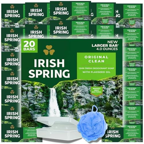 Irish Spring Bar Soap (20 PACK) Original Clean - Includes Bar Soap Holder & Loofah - Large 4 OZ Soap Bars, Original Clean Body Soap, Mens Bar Soap w/Soap Bar Holder & Loofah Sponge