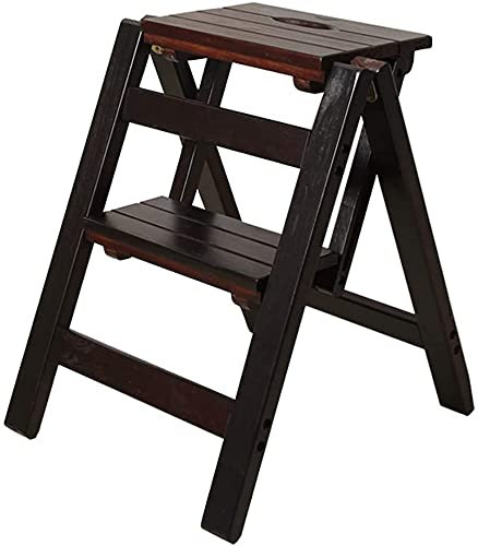 WYRMB Wooden Step Stool Stepladders Wood Folding Step Stool for Adults Kitchen Small Ladders Multifunction Stepladder/Stairway Chair with 2 Steps for Home Library Folding Steps，Black Walnut Color