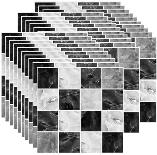 Ledeak 30 Pièces 10x10cm Mosaïque Stickers Carrelage, Imperméables Crédence Cuisine Autocollant Carreau, Auto-Adhésif Autocollant Mural pour Cuisine Salle de Bains Bureau (Noir et Blanc)