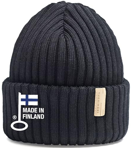 TUOHIMÄKI Merino Beanie män och kvinnor – 100 % mulesing-fri merinoull – tillverkad i Finland – en storlek, svart – varm vintermössa män – stickad mössa för kvinnor – herrmössa vinter, svart, one size
