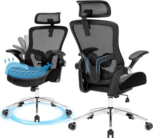 Luckyear Kontorsstol 180 kg, ergonomisk skrivbordsstol, datorstol, snurrstol, kontorsstol, nätstol med justerbart nackstöd ländryggsstöd vikbara armstöd och latexsittkudde