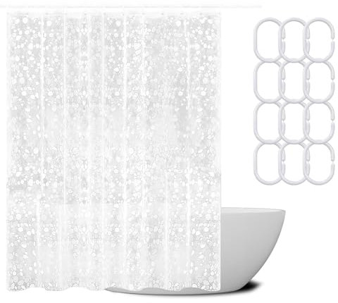 IETWATE Duschvorhang 180x200 cm, Shower Curtains mit 3D Kieselsteinen Muster, Wasserdicht PEVA Duschvorhang Transparent, Shower Curtain Anti Schimmel mit 12 Haken, für Dusche und Badewanne