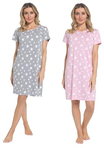 INSIGNIA Womens Pack of 2 Short Sleeved Cotton Blend Jersey Nightshirts Nighties (Set 1, 12-14)