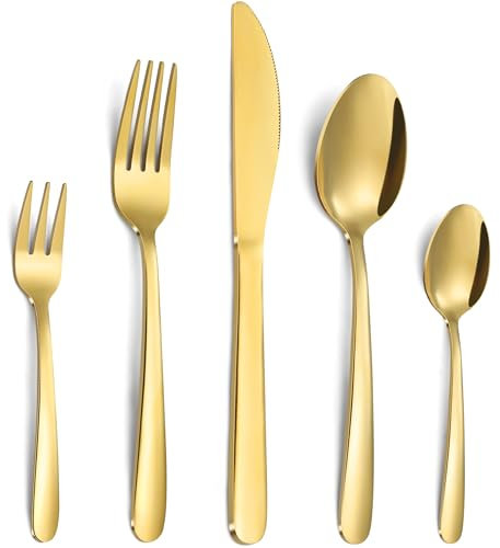 Bestdin Besteck Set 12 Personen, 60 teilig Besteck Gold, Edelstahl Besteckset mit Messer Gabel Löffel, Goldenes Besteck für Haus/Party/Restaurant, Hochglanzpoliert & Spülmaschinenfest