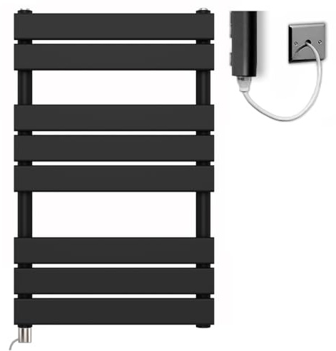 Myhomeware 500mm Wide Flat Panel Matt Black Electric Pre-Filled Heated Towel Rail Radiator For Bathroom Designer Wide (Manual Electric Element, 500mm wide x 800mm high)
