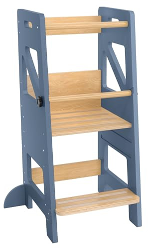 YUENFONG Lernturm für Kinder ab 1 Jahr, Montessori Lernturm mit 3 Gang Höhenverstellbar, Kinderschemel 3 in 1 Multifunktion inkl. Kippsicheren Füßen & Montagezubehör, Grau