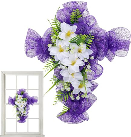 Crocifisso - corona a croce fatta a mano con accenti floreali, decorazione da parete religiosa | Decorazione della porta d'ingresso cristiana, corona di croce pasquale, base vig