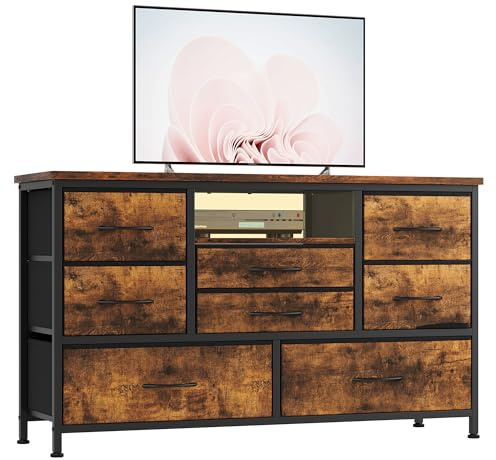 Garvee Commode de Chambre 8 Tiroirs en Tissu, Meuble TV avec Lumière LED, Station de Charge, Meuble de Rangement pour Chambre Enfants, Salon, Couloir