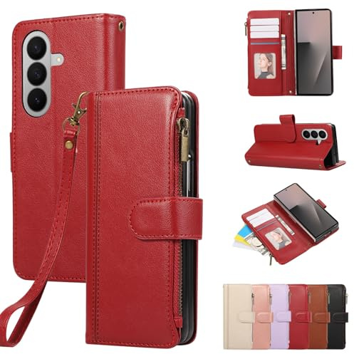Rosbtib Case for Samsung Galaxy Z Fold7 5G 8 Inch 2025 Leather Case Zip Magnetic Closure Wallet Case with 4 Card Slots Stand Function Retro Cover Galaxy Z Fold 7, Red