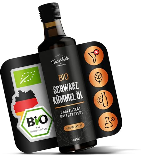 Schwarzkümmelöl Bio 250ml Black Seed Oil | Kümmelöl Nigella ungefiltert, hoher Thymochinongehalt (4600 mg/1000 g) ohne Zusatzstoffe | Entspricht 500 Schwarzkümmelöl Kapseln
