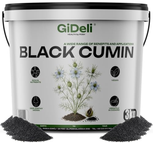 GiDeli Schwarzkümmel Ganz 3kg im Eimer - Echter Nigella Sativa - Tiefes Erdiges Aroma, Schonend Verarbeitet - Frische Ganze Schwarzkümmelsamen Vegan für Brot, Salate, Joghurt & Tee