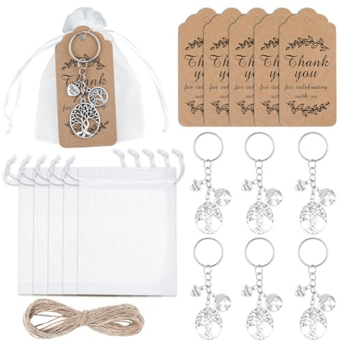 BEAMARKER Portachiavi con Albero Della Vita, Bomboniera, Portachiavi In Lega D'Argento, Sacchetti Regalo In Organza, Etichette di Ringraziamento, Cordino In Iuta Da 10 m per Bomboniere per Feste, Matr