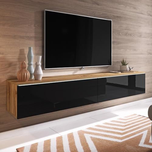 FWStyle 1.8M 2 Door Wotan Oak & Black Gloss TV Media Unit with LED – Wall Mounted or Freestanding TV Stand – 180cm Modern Oak & Gloss Finish, Drop-Down Doors, Ambient LED Lighting