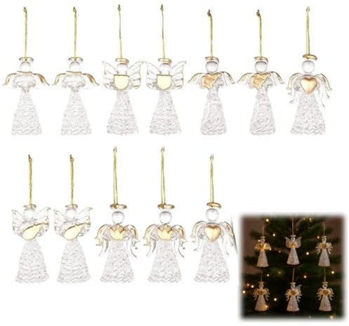 12Pack Glass Angel Ornaments for Christmas Tree,Crystal Hanging Angel Figurines Ornaments,Mini Hanging Blessing Crystal Angels Pendant for Christian Church Holiday Decor