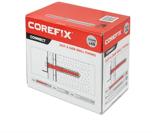 Corefix 100mm Heavy Duty Dot & Dab Wall Fixings - Plasterboard Over Blockwork Wall Plugs & Screws - For TVs, Radiators, Shelving & more - Holds 55kg per fixing - Reinforced Steel Core – Box of 48