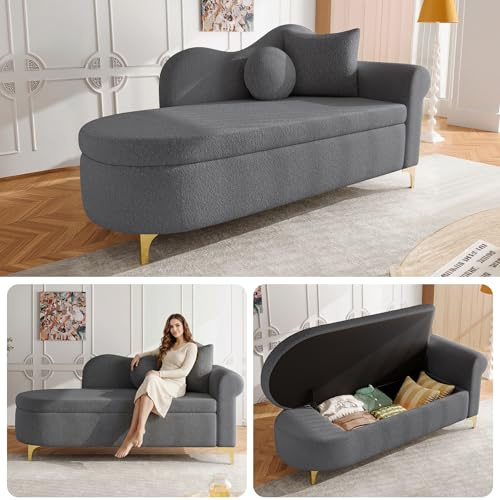 Merax Chaiselongue mit Stauraum, 134 cm Liege mit wellenförmiger Rückenlehne & Boucle-Stoff, hochdichter Schaumstoff, inkl. Lenden- & Nackenkissen, Retro-Look mit Massivholzrahmen, Grau